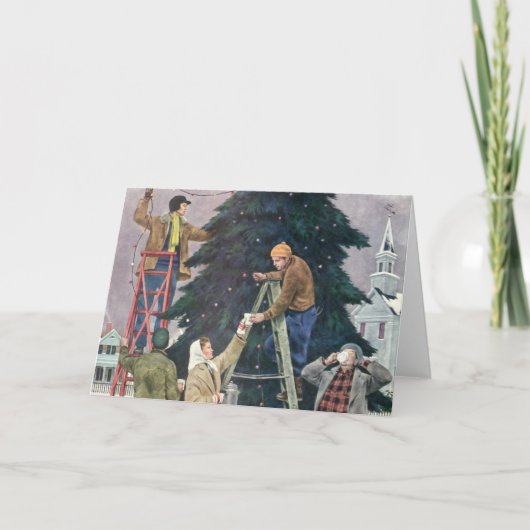 ヴィンテージクリスマス、木の上に家族のストリングライト シーズンカード (正面)