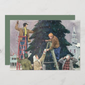 ヴィンテージクリスマス、木の上に家族のストリングライト シーズンカード (正面/裏面)