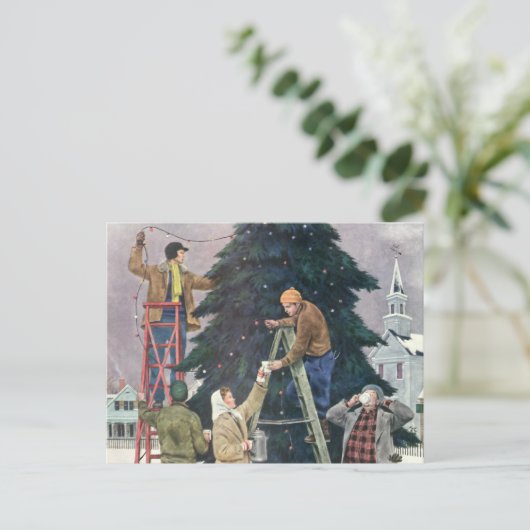 ヴィンテージクリスマス、木の上に家族のストリングライト シーズンポストカード (スタンド正面)