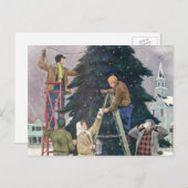 ヴィンテージクリスマス、木の上に家族のストリングライト シーズンポストカード (正面/裏面)