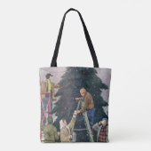 ヴィンテージクリスマス、木の上に家族のストリングライト トートバッグ (裏面)