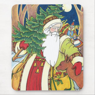 ヴィンテージクリスマス、森のサンタクロースと鹿 マウスパッド