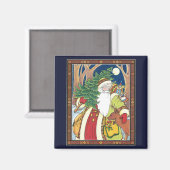 ヴィンテージクリスマス、森のサンタクロースと鹿 マグネット (正面/裏面)