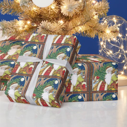 ヴィンテージクリスマス、森のサンタクロースと鹿 ラッピングペーパー (クリスマス)