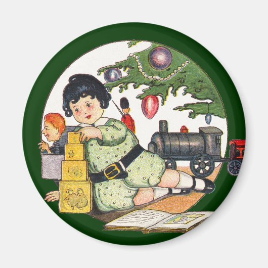 ヴィンテージクリスマス、楽しい少年がおもちゃで遊ぶ マグネット (正面)