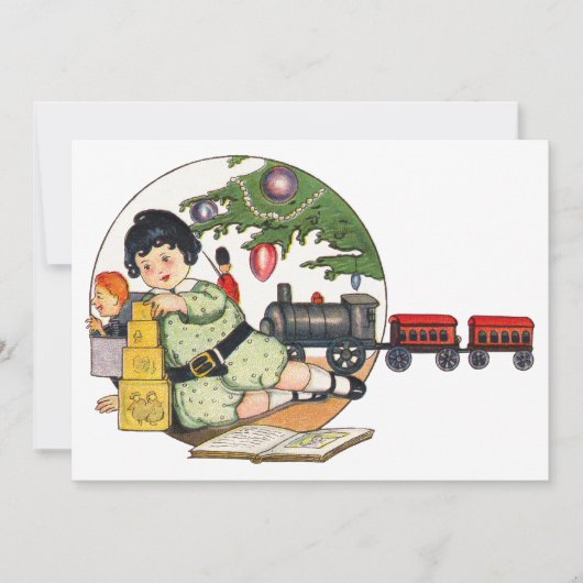 ヴィンテージクリスマス、楽しい少年がおもちゃで遊ぶ 招待状 (正面)