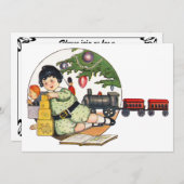 ヴィンテージクリスマス、楽しい少年がおもちゃで遊ぶ 招待状 (正面/裏面)