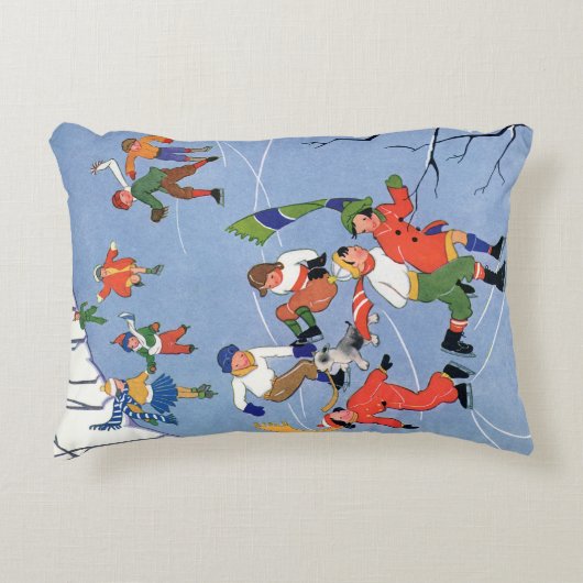 ヴィンテージクリスマス、湖の子ども氷のスケートで滑る アクセントクッション (正面)