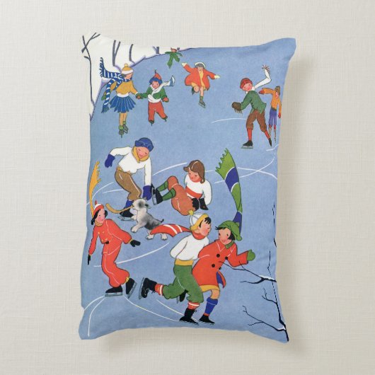 ヴィンテージクリスマス、湖の子ども氷のスケートで滑る アクセントクッション (裏面(縦))