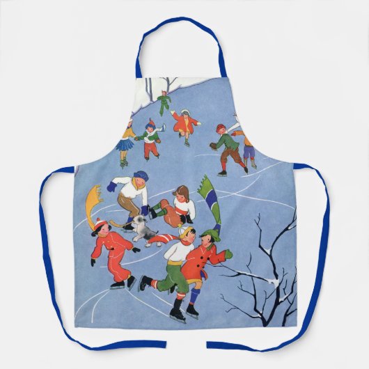 ヴィンテージクリスマス、湖の子ども氷のスケートで滑る エプロン (正面)