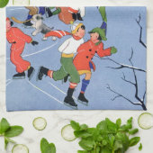 ヴィンテージクリスマス、湖の子ども氷のスケートで滑る キッチンタオル (折り畳み)