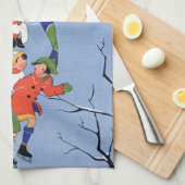 ヴィンテージクリスマス、湖の子ども氷のスケートで滑る キッチンタオル (四つ折り)