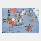 ヴィンテージクリスマス、湖の子ども氷のスケートで滑る キッチンタオル (横)