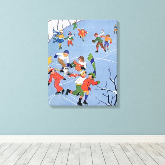 ヴィンテージクリスマス、湖の子ども氷のスケートで滑る キャンバスプリント (インサイチュ (ウッドフロア))