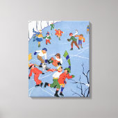 ヴィンテージクリスマス、湖の子ども氷のスケートで滑る キャンバスプリント (正面)