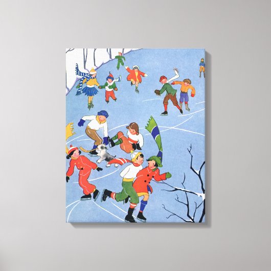 ヴィンテージクリスマス、湖の子ども氷のスケートで滑る キャンバスプリント (正面)