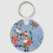 ヴィンテージクリスマス、湖の子ども氷のスケートで滑る キーホルダー (正面)