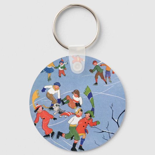 ヴィンテージクリスマス、湖の子ども氷のスケートで滑る キーホルダー (正面)