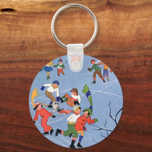 ヴィンテージクリスマス、湖の子ども氷のスケートで滑る キーホルダー (正面)