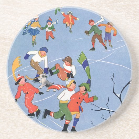 ヴィンテージクリスマス、湖の子ども氷のスケートで滑る コースター (正面)