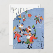 ヴィンテージクリスマス、湖の子ども氷のスケートで滑る シーズンポストカード (正面/裏面)