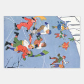 ヴィンテージクリスマス、湖の子ども氷のスケートで滑る ラッピングペーパーシート (正面3)