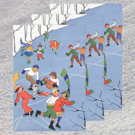 ヴィンテージクリスマス、湖の子ども氷のスケートで滑る ラッピングペーパーシート