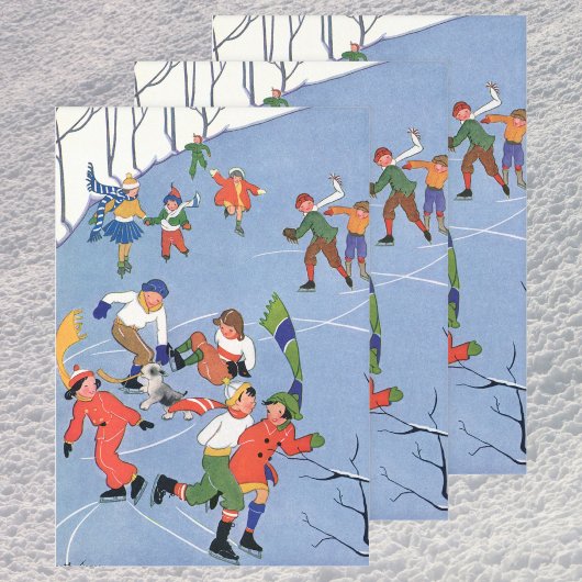 ヴィンテージクリスマス、湖の子ども氷のスケートで滑る ラッピングペーパーシート