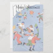 ヴィンテージクリスマス、湖の子ども氷のスケートで滑る 便箋 (正面/裏面)