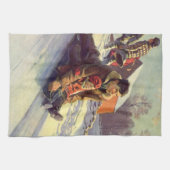 ヴィンテージクリスマス、父と娘そり キッチンタオル (横)