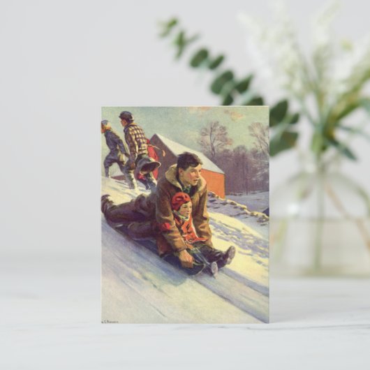 ヴィンテージクリスマス、父と娘そり シーズンカード (スタンド正面)