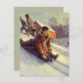 ヴィンテージクリスマス、父と娘そり シーズンカード (正面/裏面)