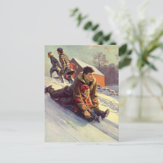 ヴィンテージクリスマス、父と娘そり シーズンポストカード (スタンド正面)