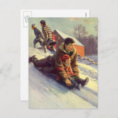 ヴィンテージクリスマス、父と娘そり シーズンポストカード (正面/裏面)