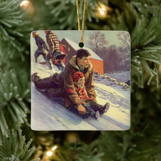 ヴィンテージクリスマス、父と娘そり セラミックオーナメント (ツリー)