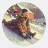 ヴィンテージクリスマス、父と娘そり ラウンドシール (正面)