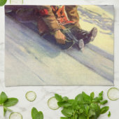 ヴィンテージクリスマス、父と娘のスレッジ キッチンタオル (折り畳み)