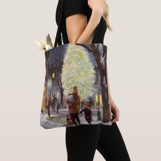 ヴィンテージクリスマス、父と子供たちのショッピング トートバッグ (クローズアップ)