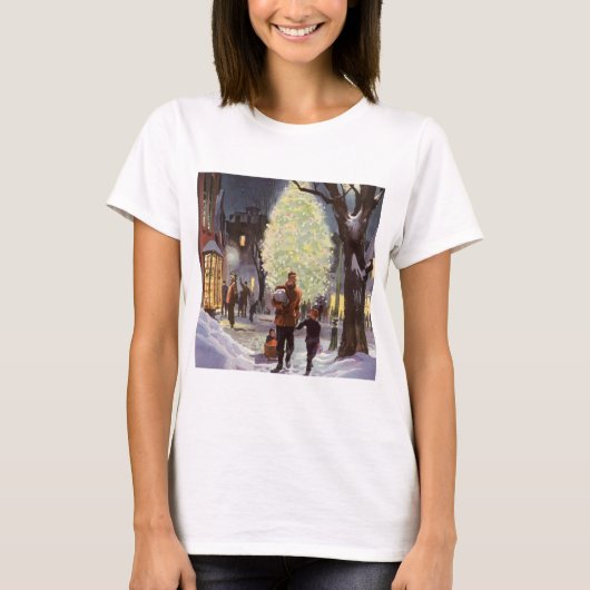 ヴィンテージクリスマス、父と子供たちのショッピング Tシャツ (正面)