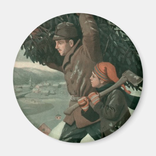 ヴィンテージクリスマス、父と息子が木を伐採 マグネット (正面)