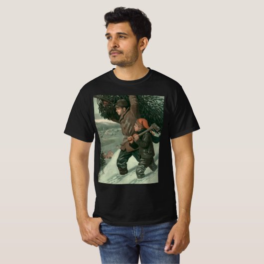 ヴィンテージクリスマス、父と息子が木を伐採 Tシャツ (正面フル)