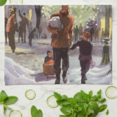 ヴィンテージクリスマス、父親のショッピングと子供 キッチンタオル (折り畳み)