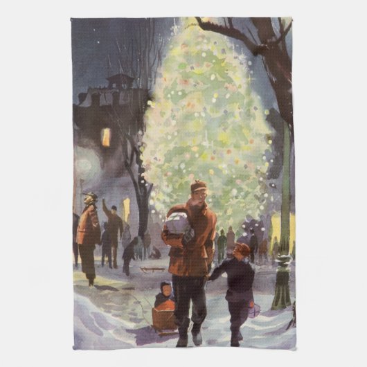 ヴィンテージクリスマス、父親のショッピングと子供 キッチンタオル (縦)