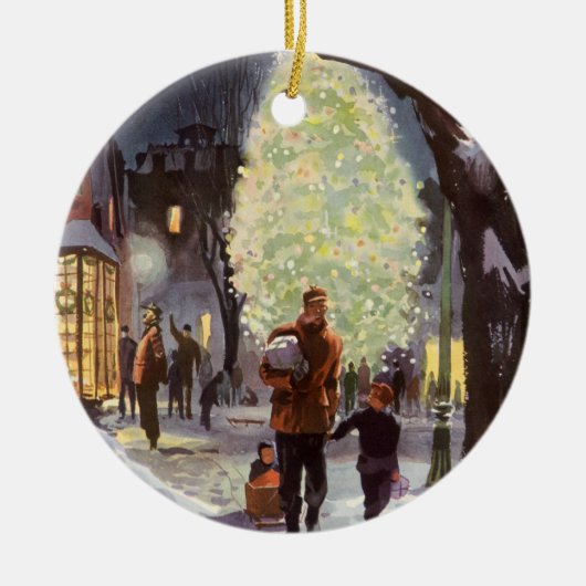 ヴィンテージクリスマス、父親のショッピングと子供 セラミックオーナメント (正面)