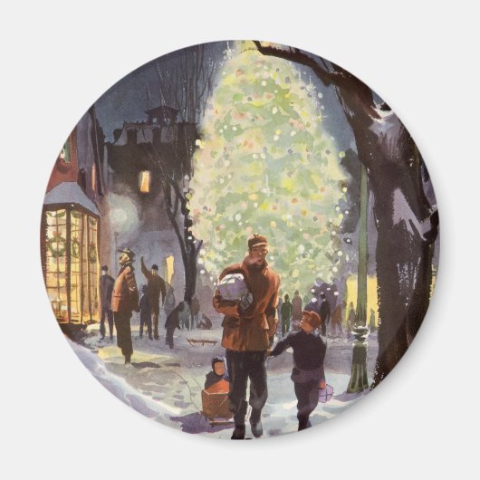 ヴィンテージクリスマス、父親のショッピングと子供 マグネット (正面)