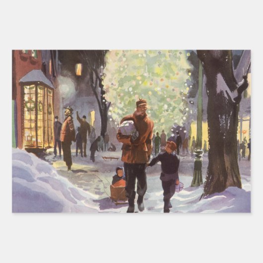 ヴィンテージクリスマス、父親のショッピングと子供 ラッピングペーパーシート (正面3)