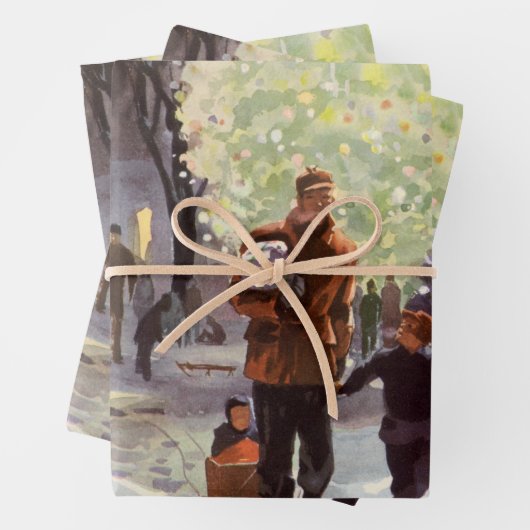 ヴィンテージクリスマス、父親のショッピングと子供 ラッピングペーパーシート (インサイチュ)