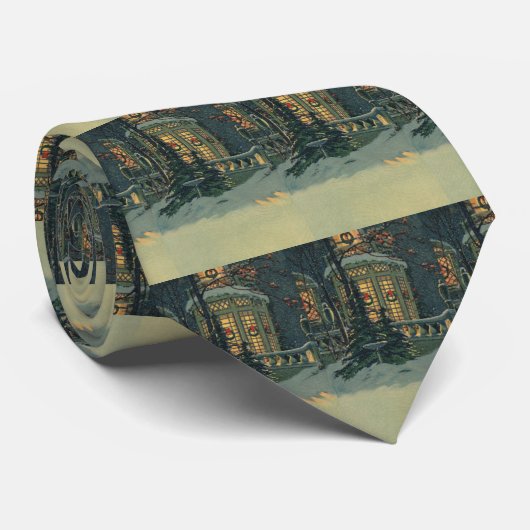 ヴィンテージクリスマス、窓にリースのある家 ネクタイ (ロール)