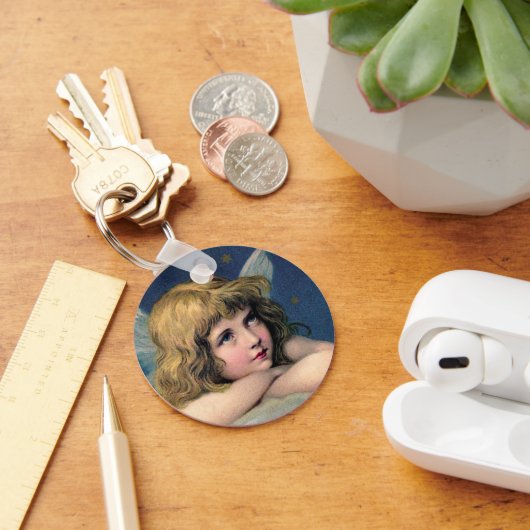 ヴィンテージクリスマス、美しい天使とゴールドの星 キーホルダー (デスク)