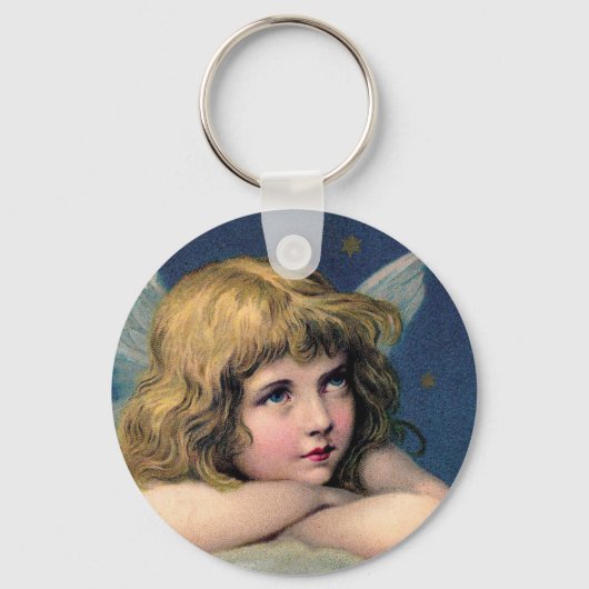 ヴィンテージクリスマス、美しい天使と金ゴールド星 キーホルダー (正面)